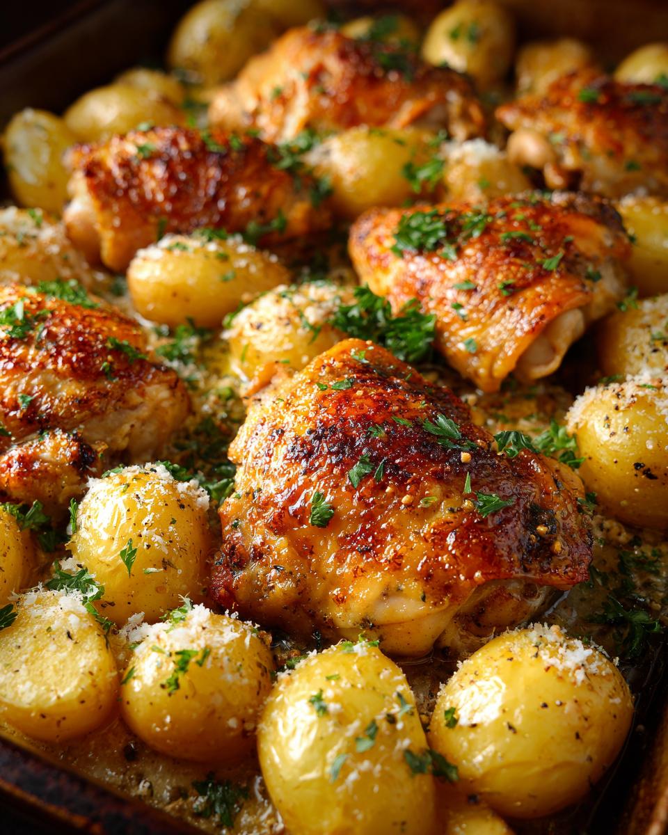 Golden brown Garlic Parmesan Chicken Thighs and roasted potatoes on a baking sheet, sprinkled with parsley and Parmesan.