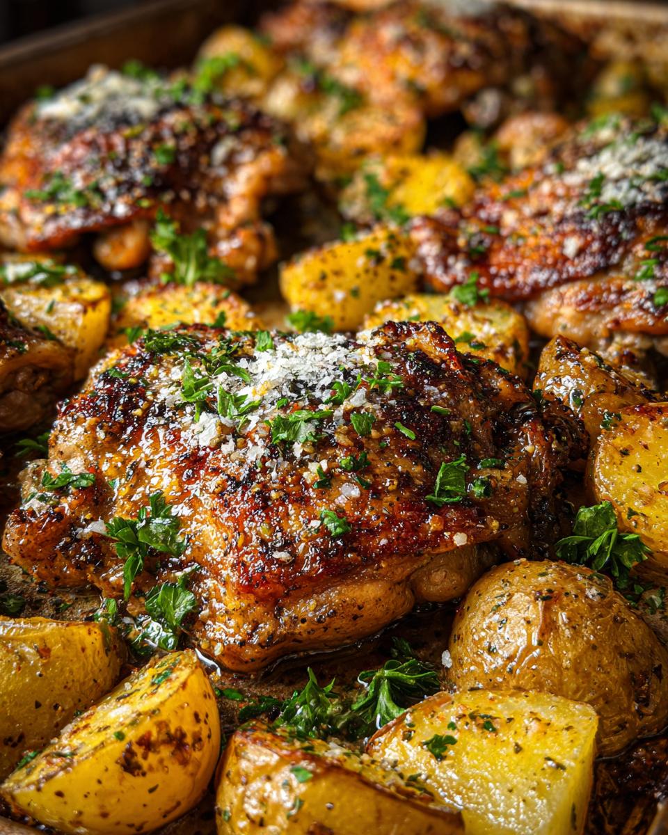 Close-up of juicy Garlic Parmesan Chicken Thighs and roasted potatoes, garnished with parsley and cheese.