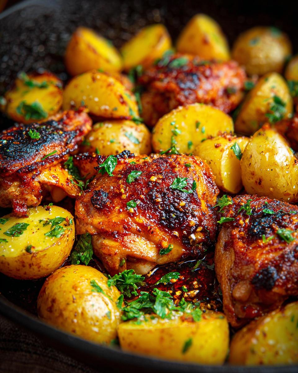Close-up of juicy Garlic Parmesan Chicken Thighs and roasted potatoes in a pan, garnished with parsley.
