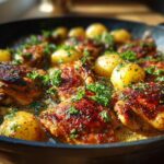 Close-up of golden-brown Garlic Parmesan Chicken Thighs and Potatoes in a skillet, garnished with fresh parsley.