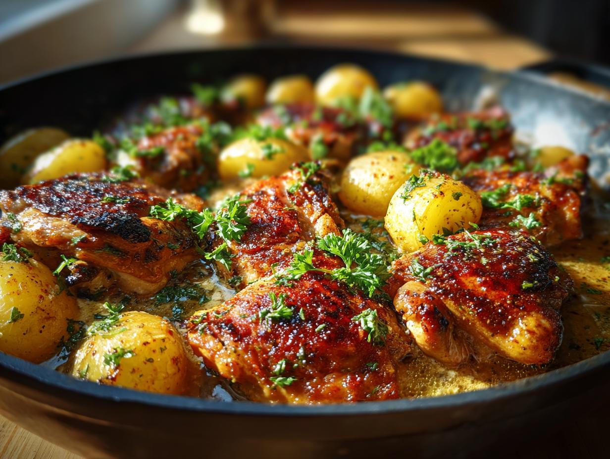 Close-up of golden-brown Garlic Parmesan Chicken Thighs and Potatoes in a skillet, garnished with fresh parsley.