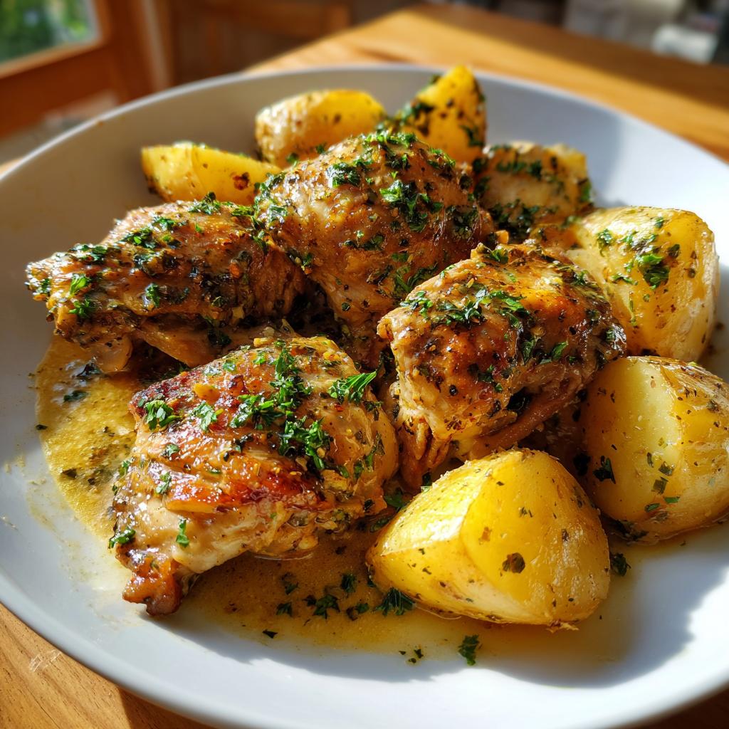 A close-up of Garlic Parmesan Chicken Thighs and Potatoes, garnished with fresh parsley, served in a white bowl.