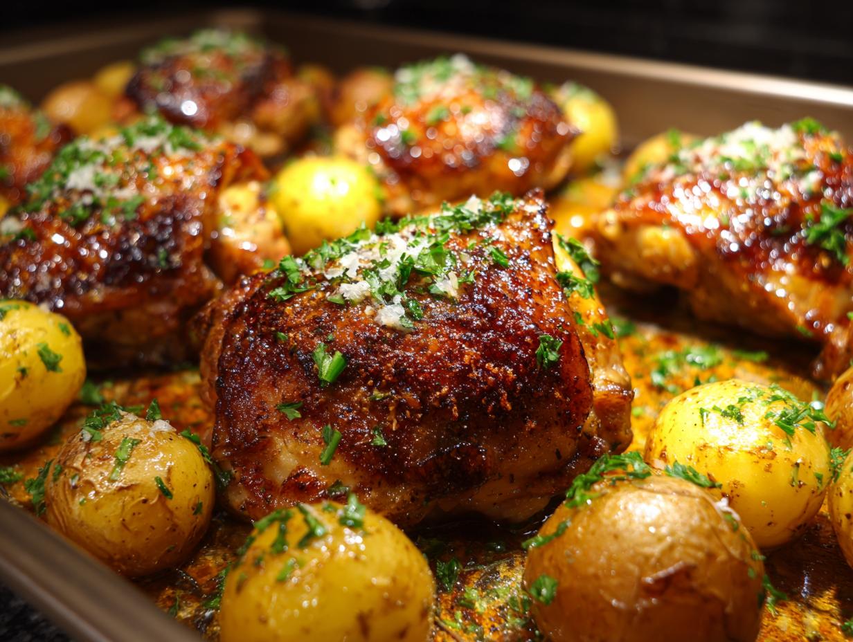 Close-up of juicy Garlic Parmesan Chicken Thighs and golden roasted potatoes on a baking sheet, garnished with parsley.