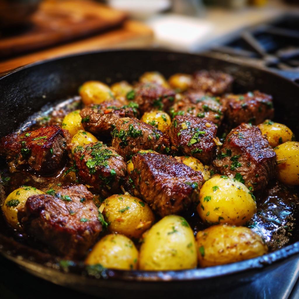 Close-up of juicy garlic steak bites and golden potatoes cooked in a cast-iron skillet, garnished with fresh parsley.