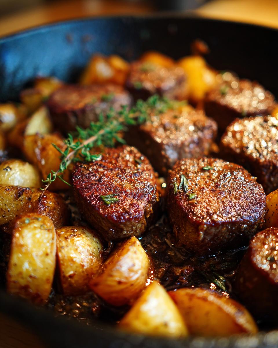 Close-up of juicy garlic steak bites cooked with roasted potatoes in a cast iron skillet, garnished with herbs.