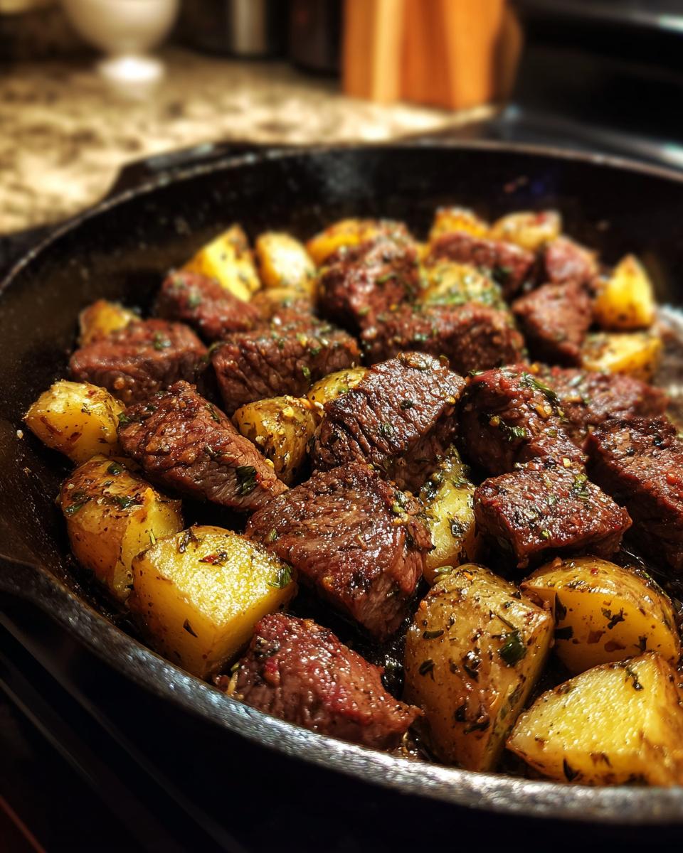 Close-up of juicy garlic steak bites and golden roasted potatoes in a cast iron skillet.