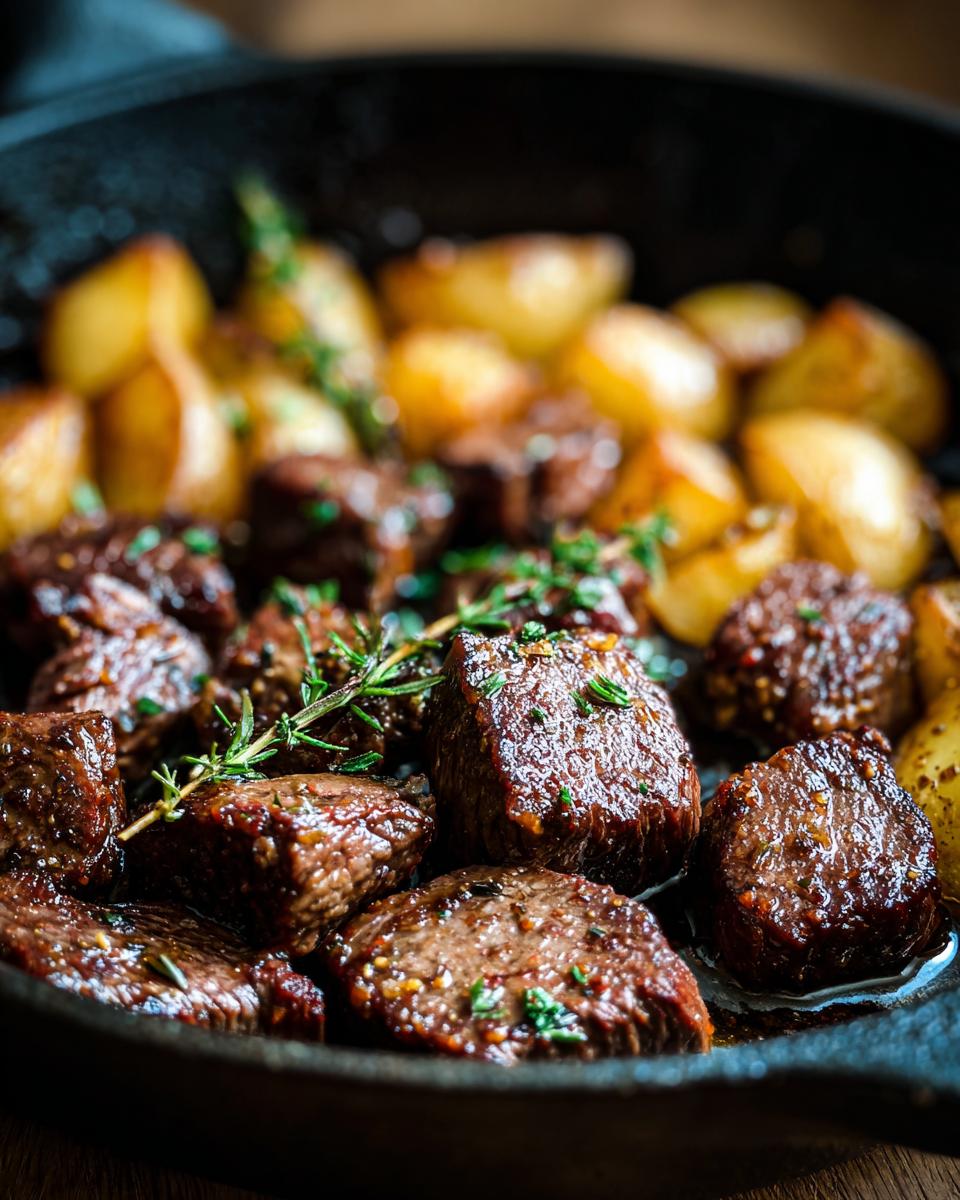 Close-up of juicy garlic steak bites and roasted potatoes in a cast-iron skillet, garnished with fresh herbs.