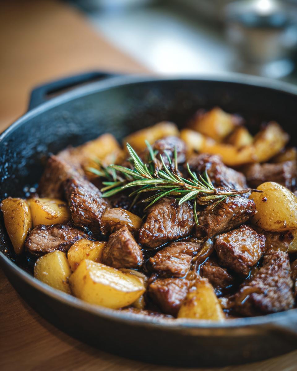 Close-up of a cast iron skillet filled with juicy garlic steak bites and golden roasted potatoes, garnished with rosemary.