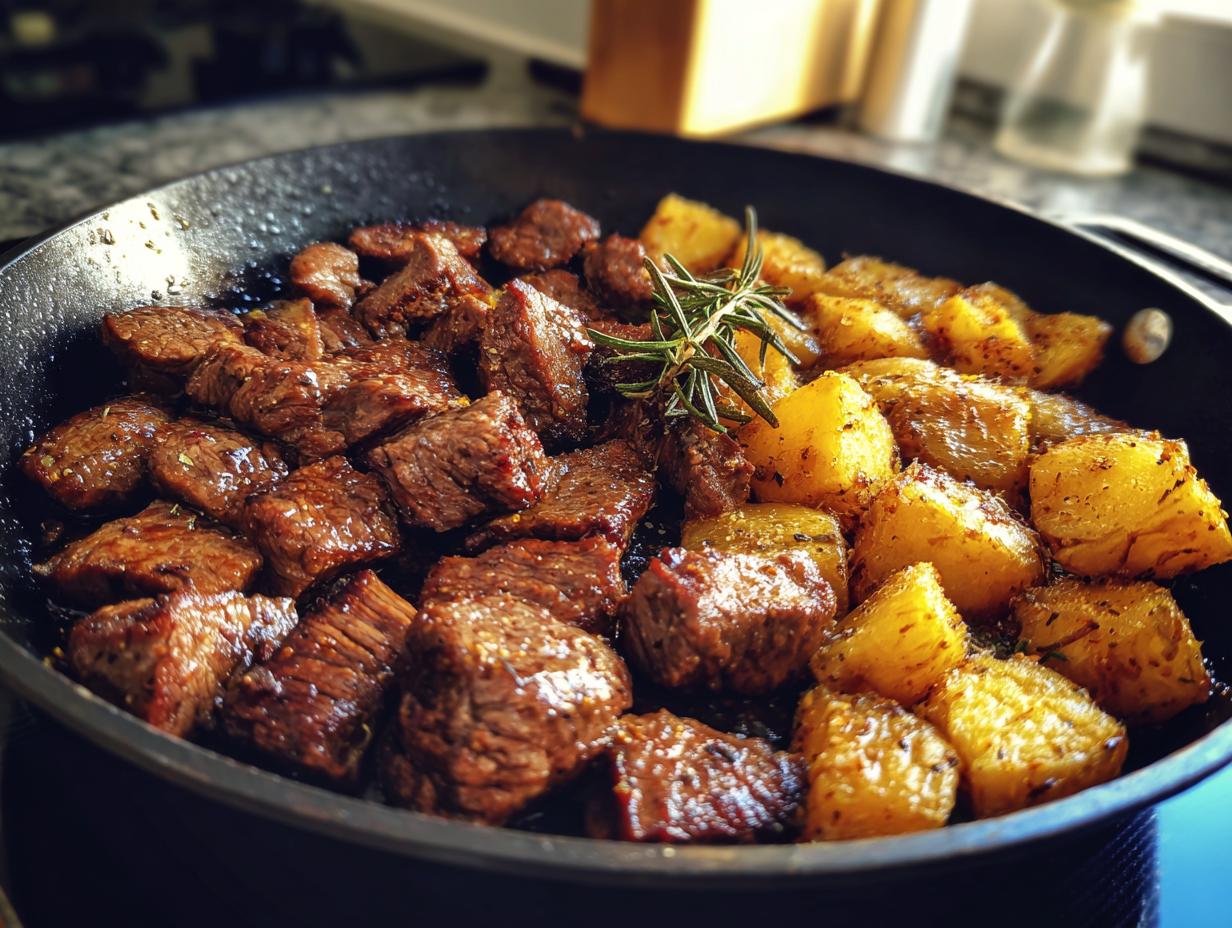 Close-up of juicy garlic steak bites and golden roasted potatoes in a skillet, garnished with rosemary.