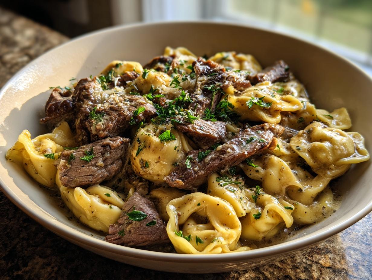 A close-up of a bowl filled with Garlic Steak Tortellini, featuring tender steak slices and pasta in a rich sauce, garnished with parsley.