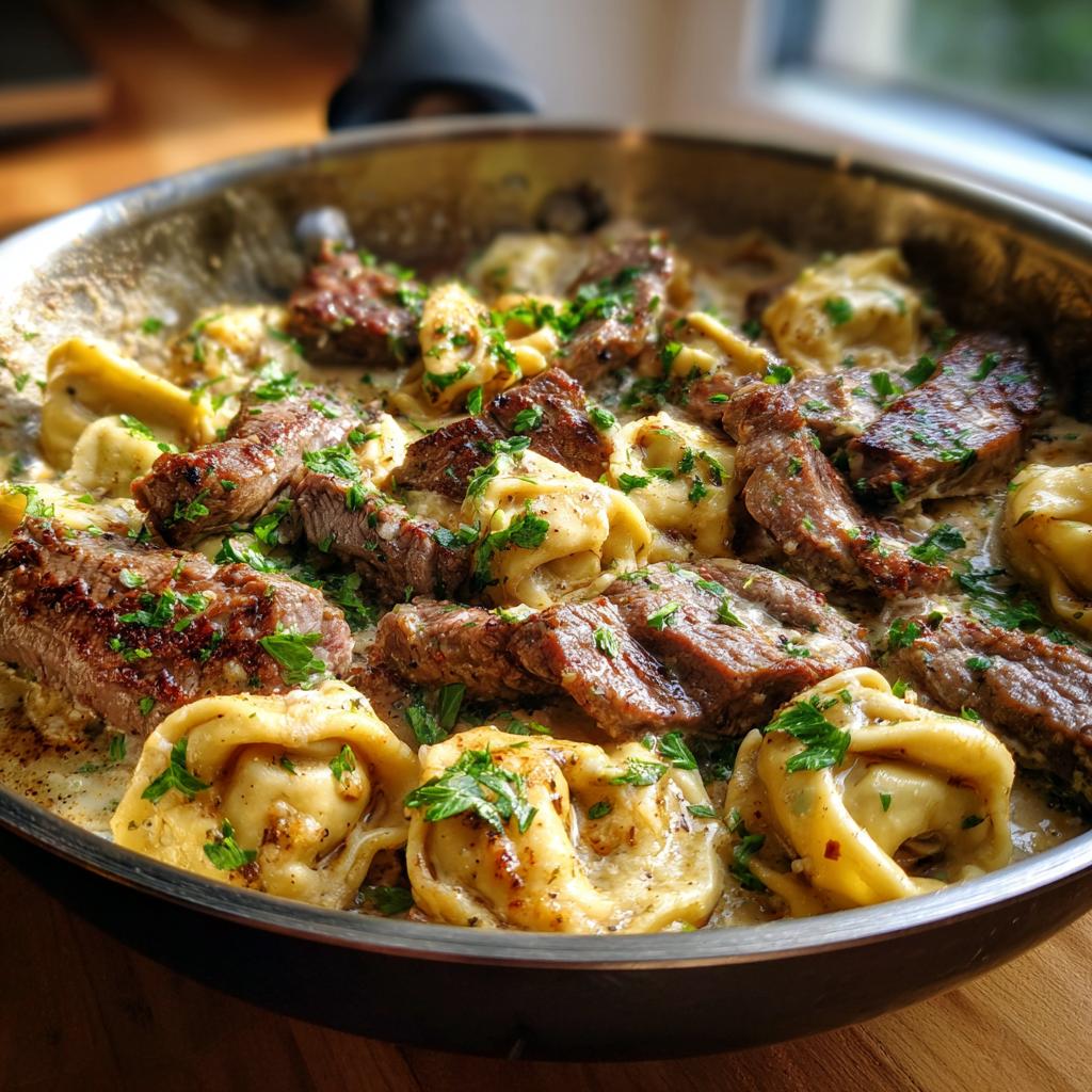 Close-up of Garlic Steak Tortellini in a creamy sauce, garnished with fresh parsley, served in a skillet.