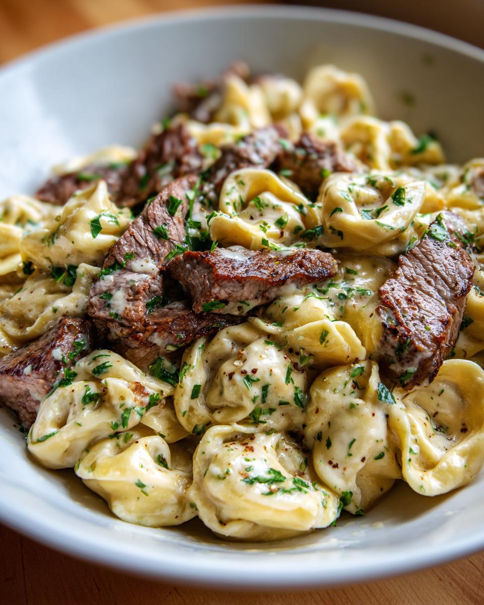 A close-up of Garlic Steak Tortellini in a white bowl, garnished with fresh parsley.