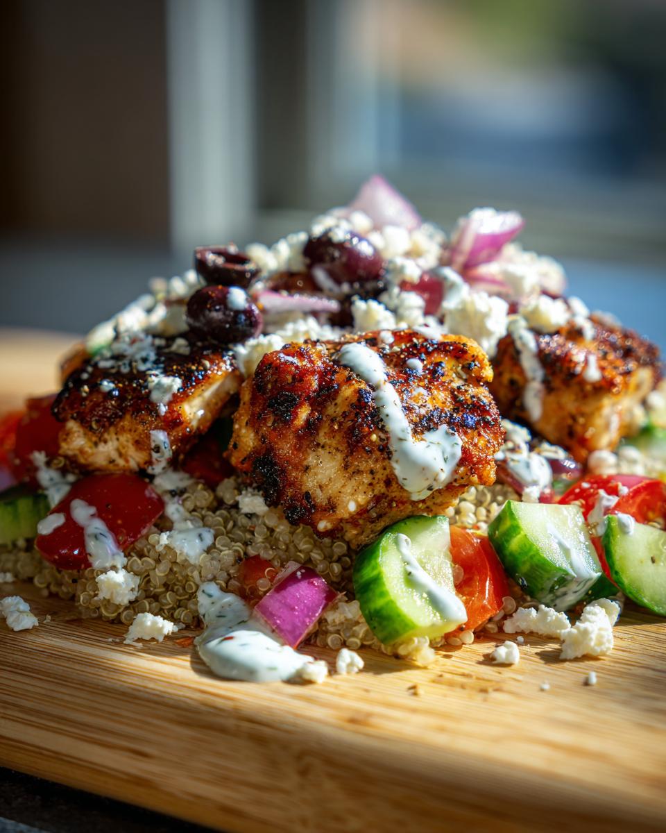 A vibrant bowl of Greek Chicken Bowls featuring grilled chicken, quinoa, cucumber, tomatoes, feta, olives, and tzatziki.