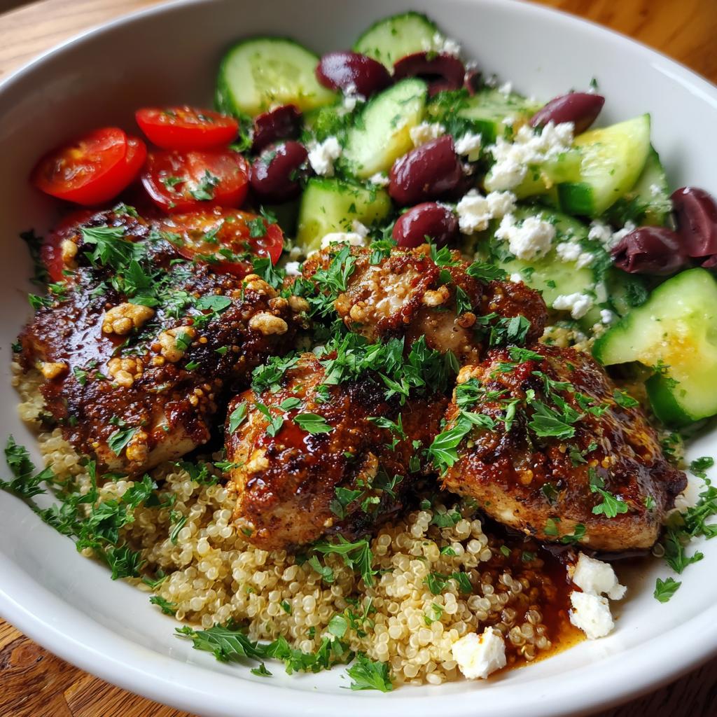 A close-up of a Greek Chicken Bowl with quinoa, seasoned chicken, cucumber, tomatoes, olives, feta, and parsley.
