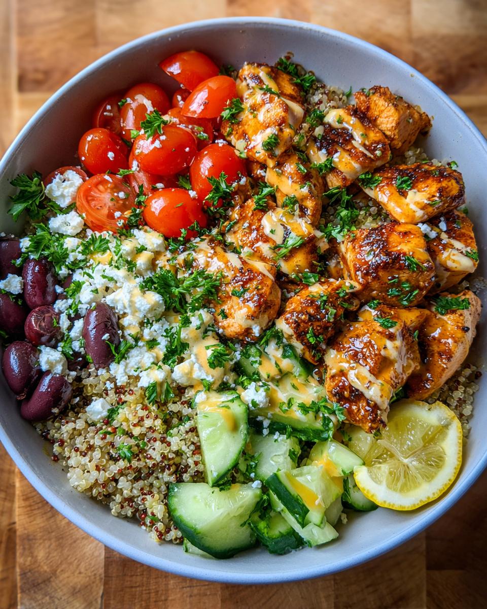 A vibrant bowl of Greek Chicken Bowls, featuring seasoned chicken, quinoa, tomatoes, olives, feta, and cucumber.