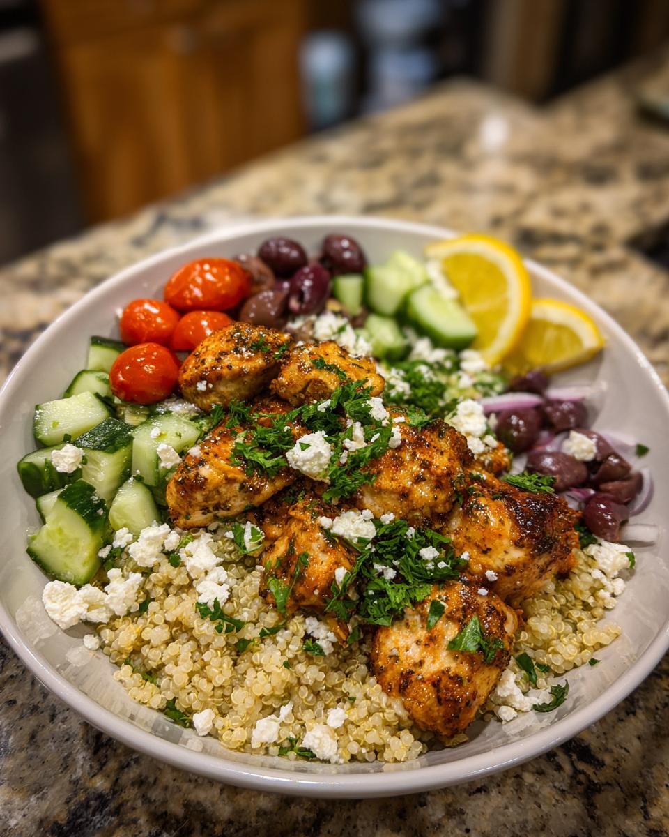 A vibrant Greek Chicken Bowl filled with quinoa, seasoned chicken, cucumbers, tomatoes, olives, feta, and lemon.