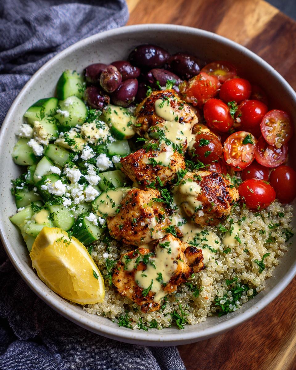 A vibrant bowl of Greek Chicken Bowls with quinoa, grilled chicken, cucumber, tomatoes, olives, and feta cheese.