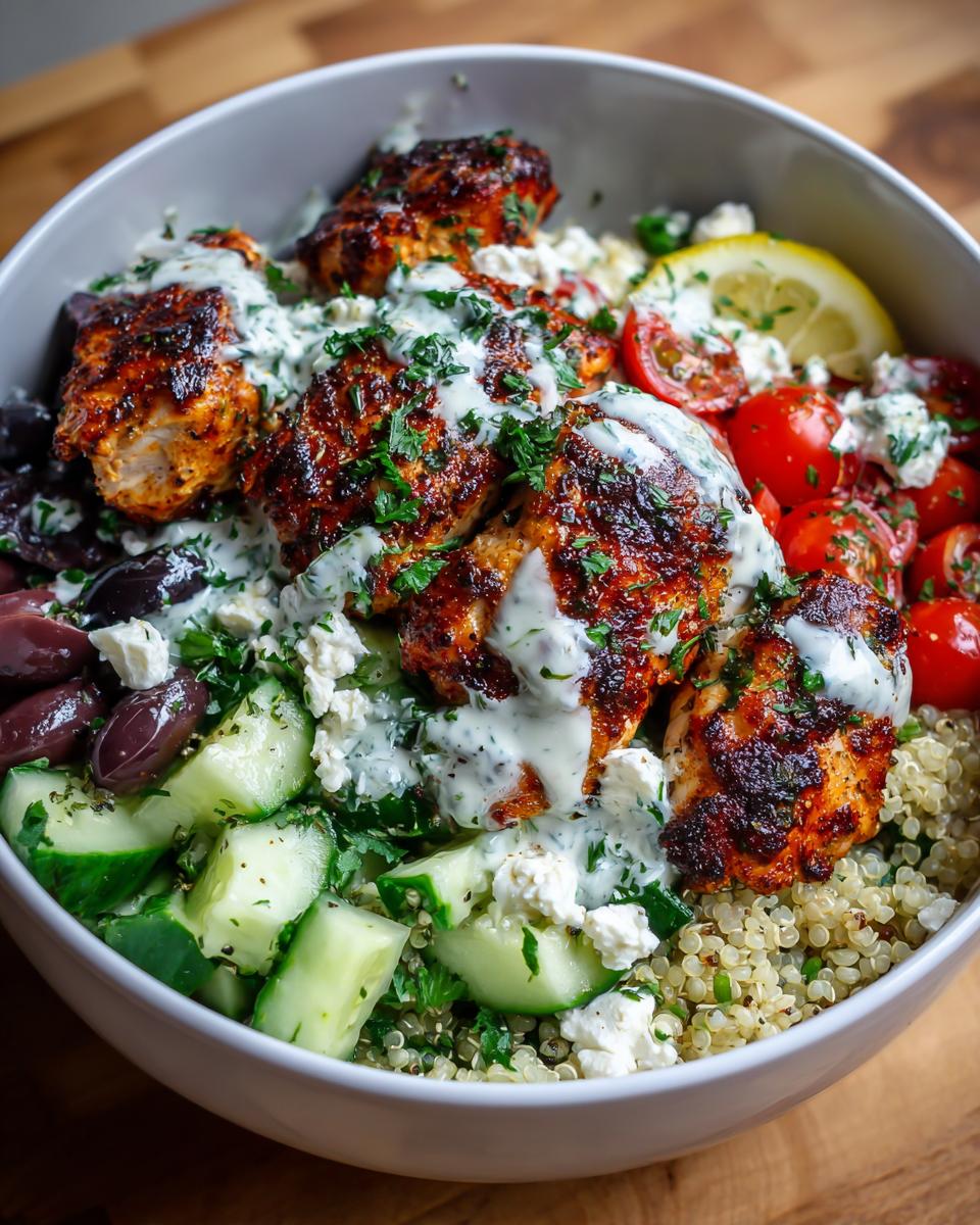 A close-up of Greek Chicken Bowls with quinoa, grilled chicken, cucumber, tomatoes, olives, feta, and a creamy sauce.