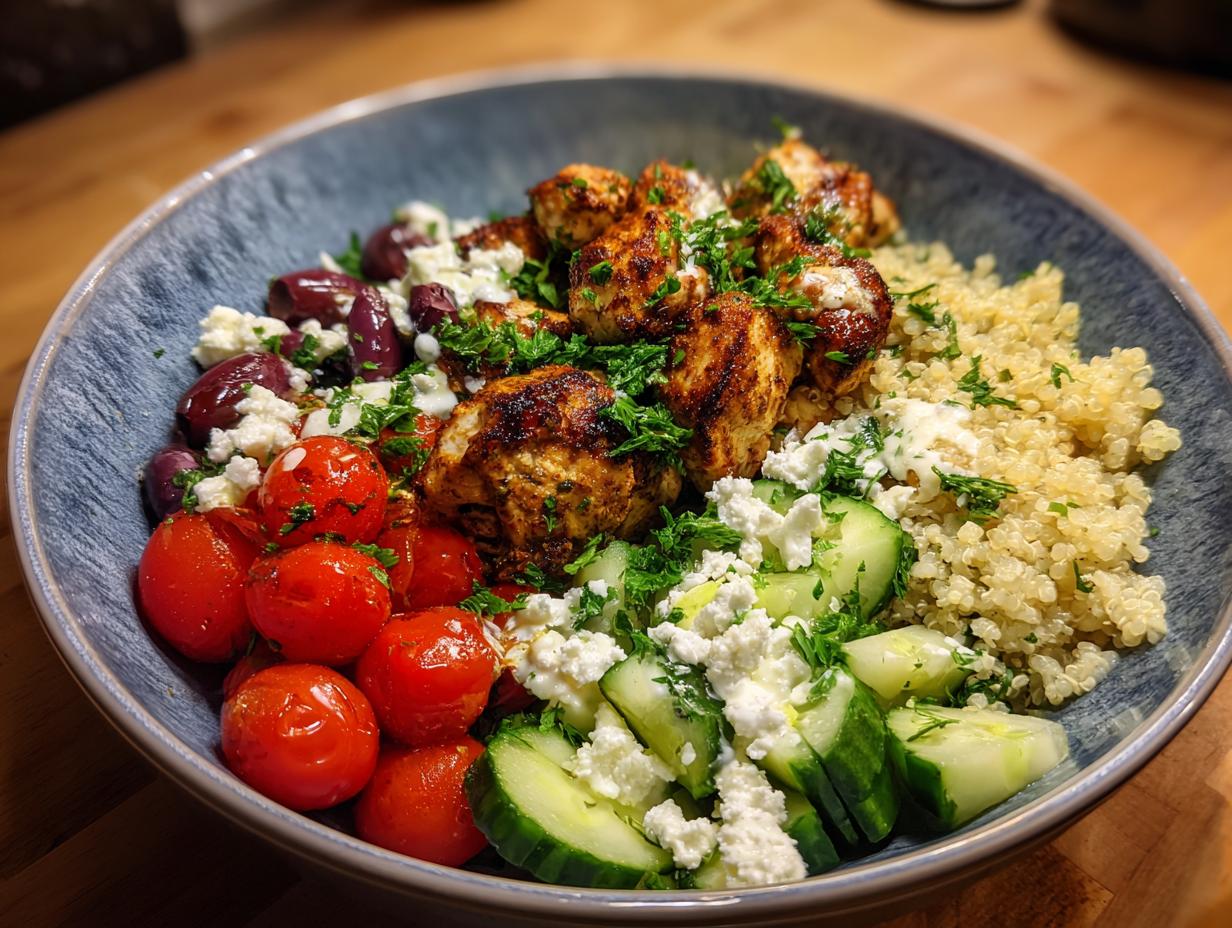 A vibrant bowl of Greek Chicken Bowls, featuring seasoned chicken, quinoa, cherry tomatoes, cucumbers, olives, and feta cheese.