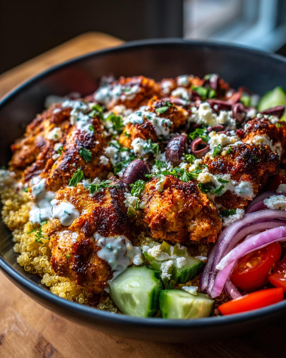 A close-up of a vibrant Greek Chicken Bowl featuring seasoned chicken, quinoa, cucumber, tomatoes, red onion, olives, and feta cheese.