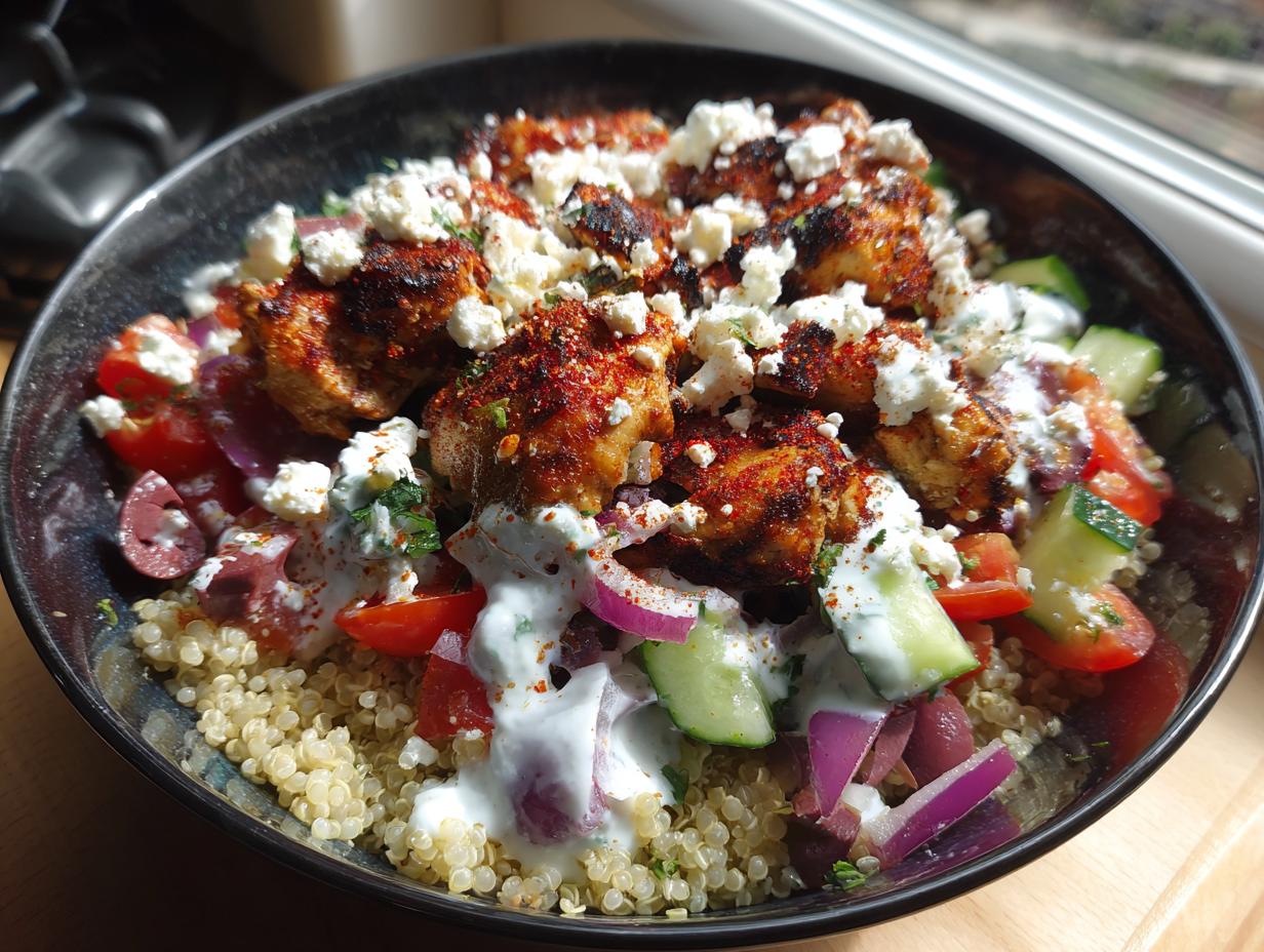 A vibrant bowl of Greek Chicken Bowls featuring seasoned chicken, quinoa, tomatoes, cucumbers, red onion, olives, and feta cheese.