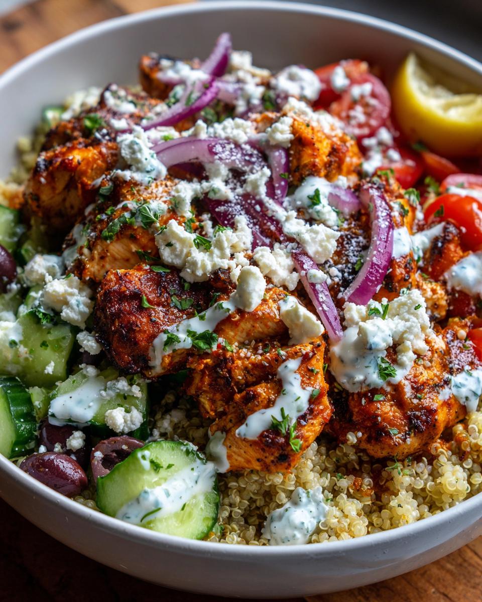 Close-up of Greek Chicken Bowls with seasoned chicken, quinoa, cucumber, tomatoes, olives, feta, and tzatziki.