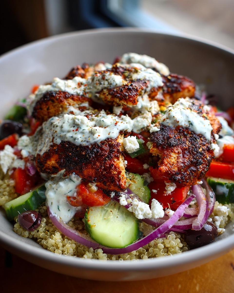 A close-up of a Greek Chicken Bowl featuring seasoned chicken, quinoa, cucumber, tomatoes, red onion, olives, feta, and tzatziki sauce.