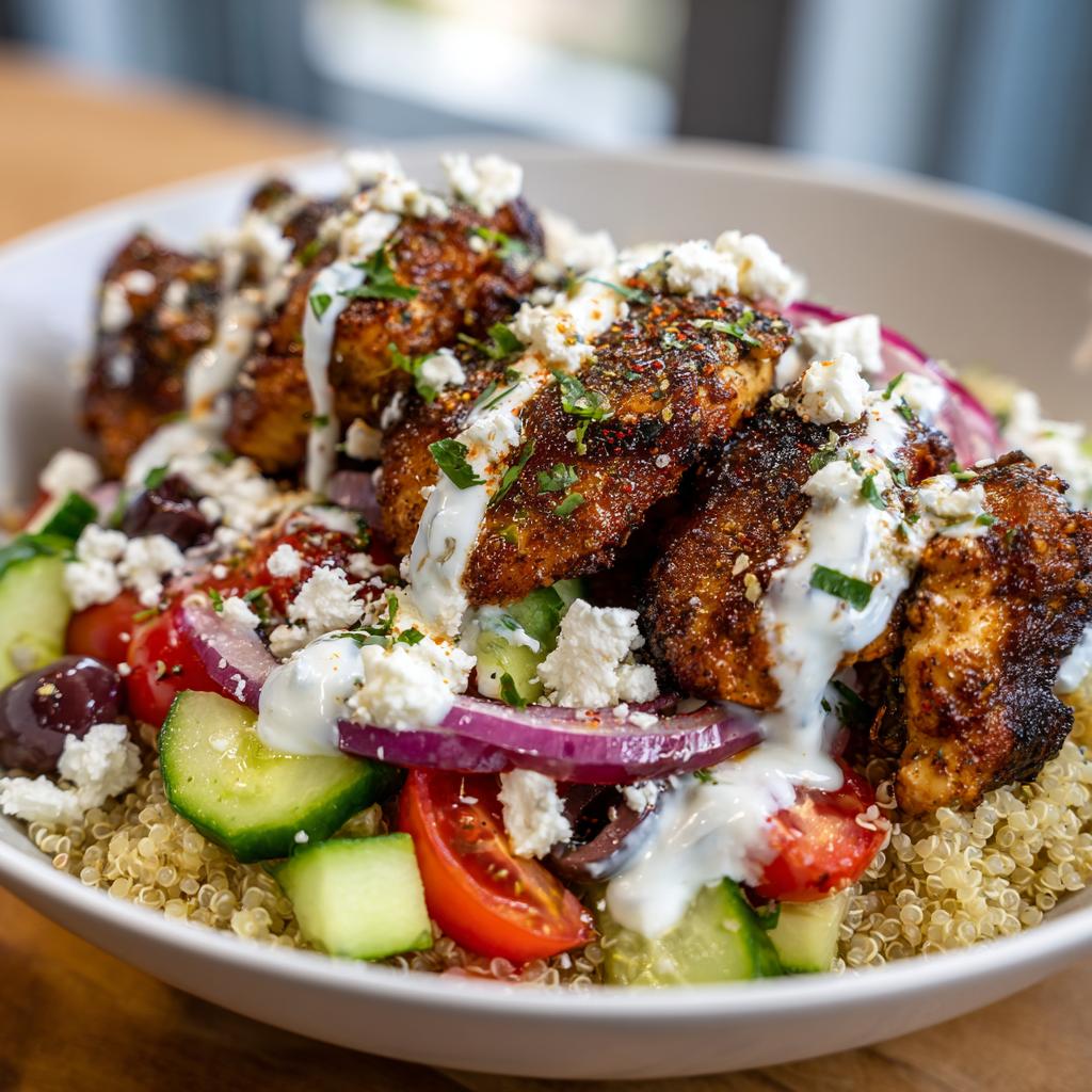 A close-up of a Greek Chicken Bowl featuring seasoned chicken, quinoa, cucumber, tomatoes, olives, red onion, feta, and tzatziki sauce.