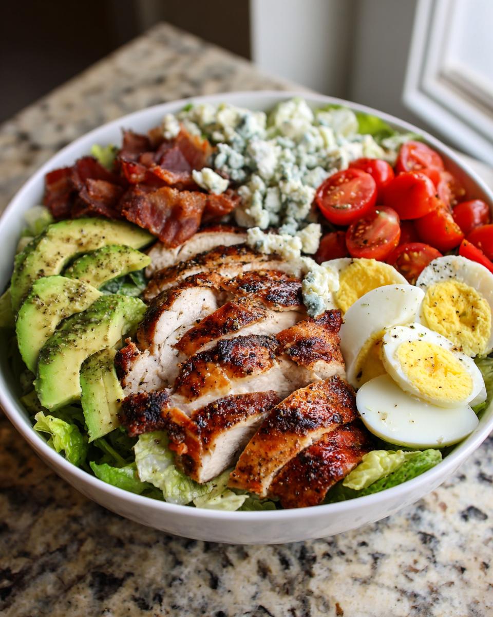 A vibrant Grilled Chicken Cobb Bowl with sliced grilled chicken, avocado, hard-boiled eggs, tomatoes, bacon, and blue cheese.