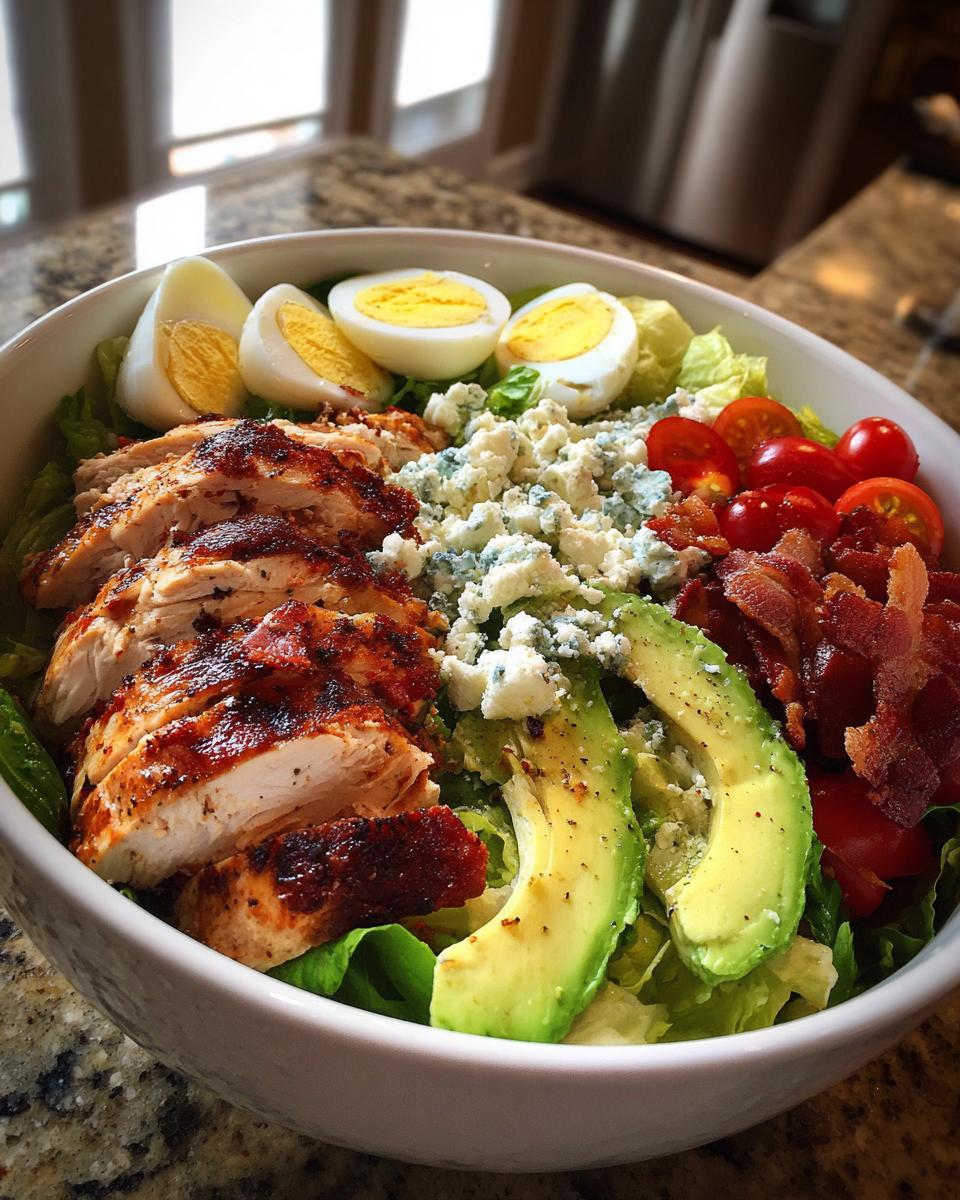 A colorful and fresh Grilled Chicken Cobb Bowl, featuring sliced grilled chicken, avocado, hard-boiled eggs, tomatoes, bacon, and blue cheese.