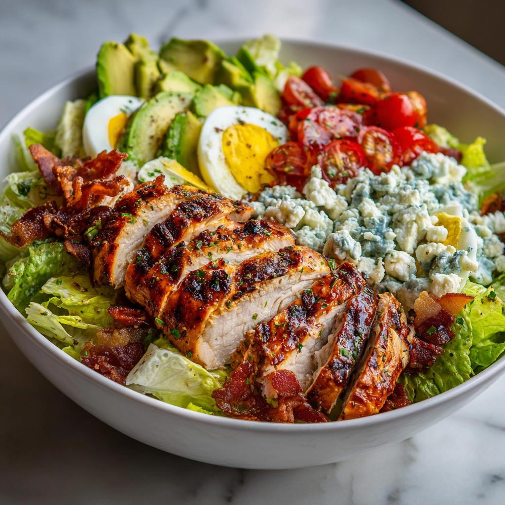 A vibrant Grilled Chicken Cobb Bowl featuring sliced grilled chicken, avocado, hard-boiled eggs, cherry tomatoes, and blue cheese.