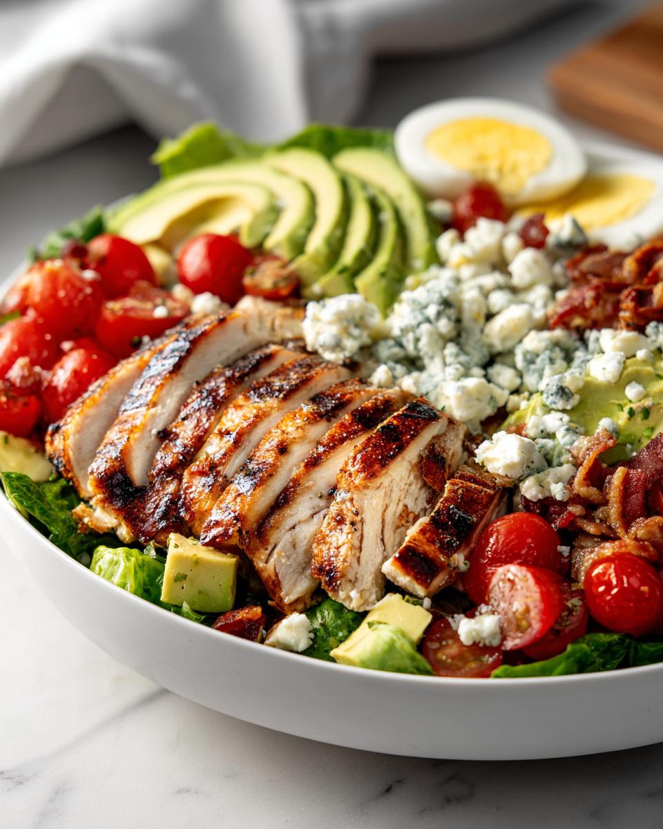 A close-up of a summer salad recipe for grilled chicken Cobb bowls, featuring sliced grilled chicken, avocado, tomatoes, blue cheese, bacon, and hard-boiled eggs.