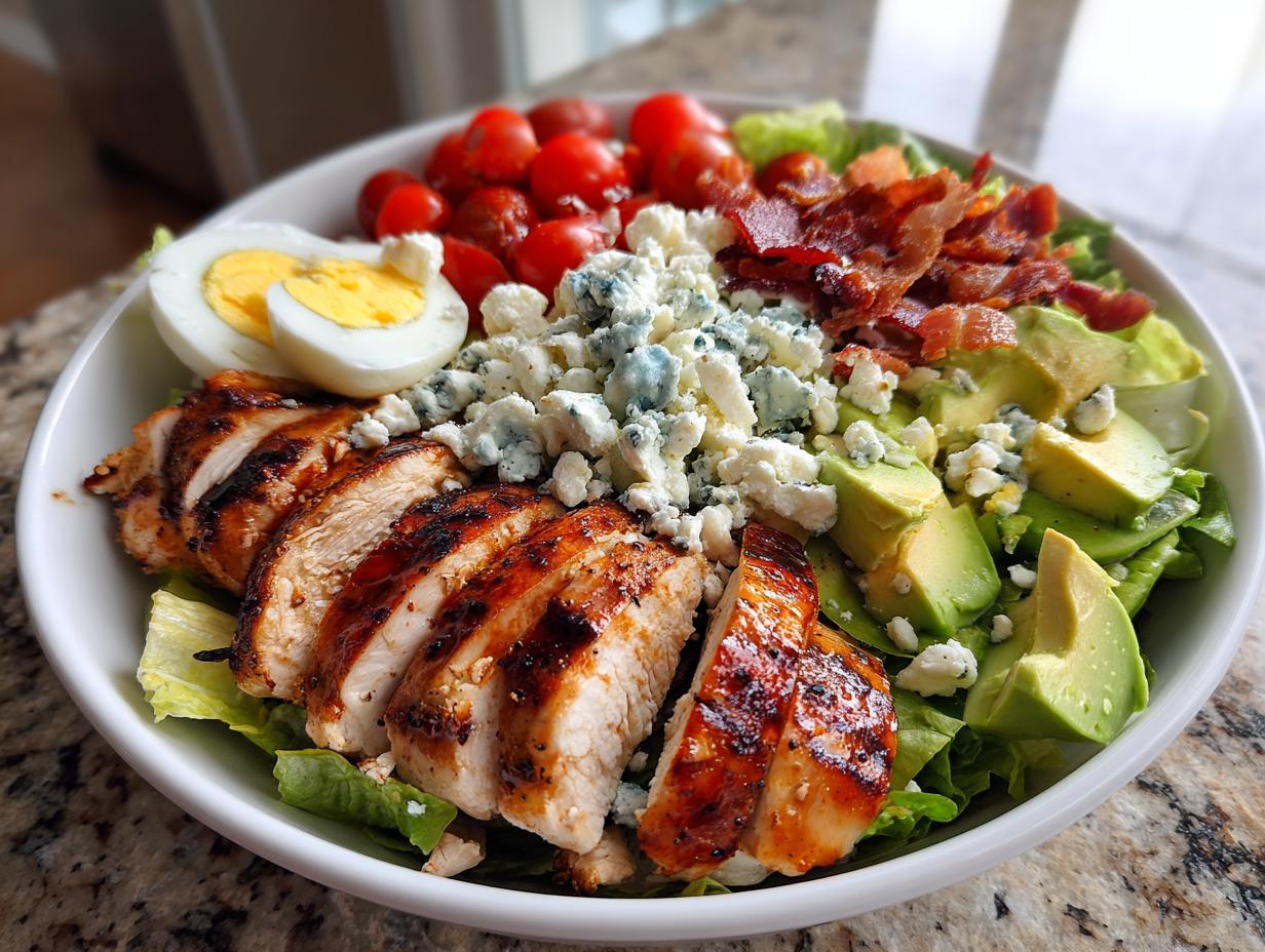 A vibrant bowl of summer salad recipes featuring grilled chicken, avocado, bacon, blue cheese, tomatoes, and hard-boiled egg.