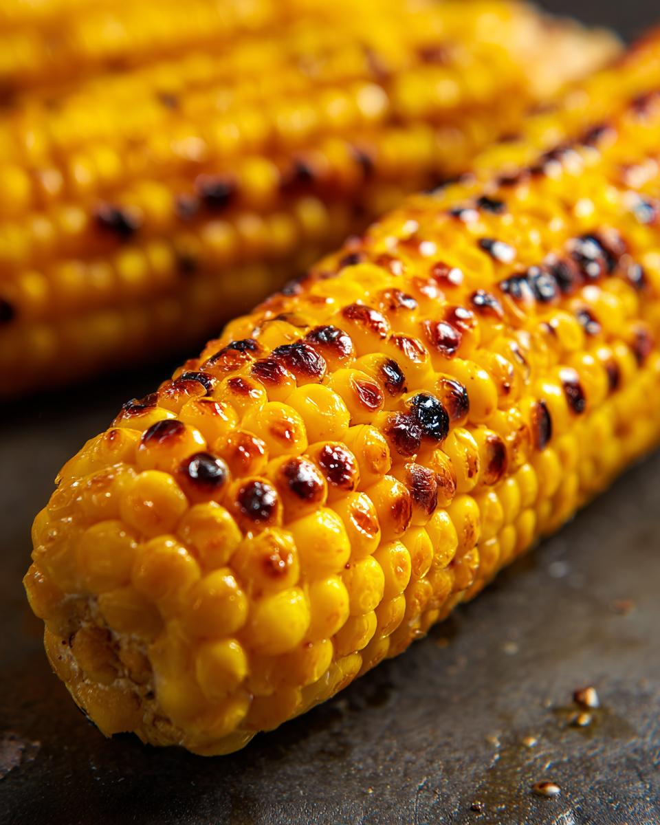 Close-up of a golden-yellow ear of grilled corn on the cob with charred kernels.