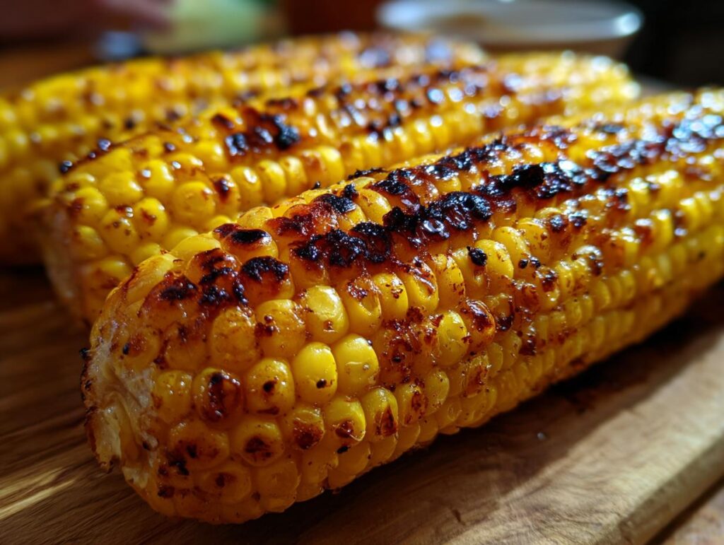 Close-up of three ears of grilled corn on the cob with charred kernels, showcasing delicious grilling recipes.