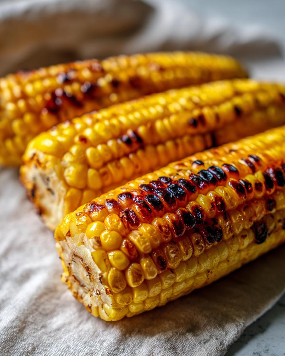 Close-up of three ears of grilled corn on the cob, showing char marks and golden kernels. Perfect for grilling recipes.