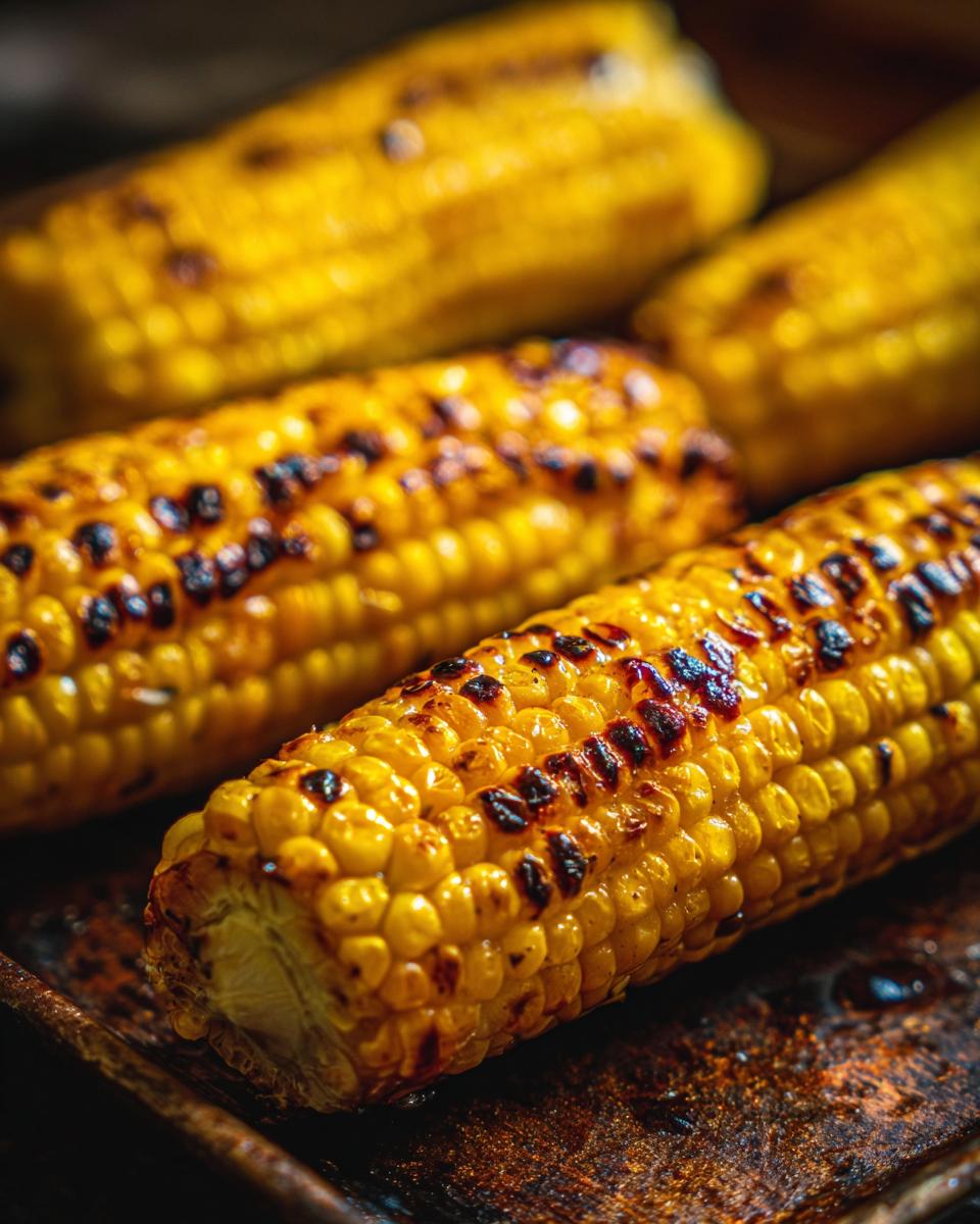 Close-up of several ears of grilled corn on the cob with char marks, showcasing delicious grilling recipes.