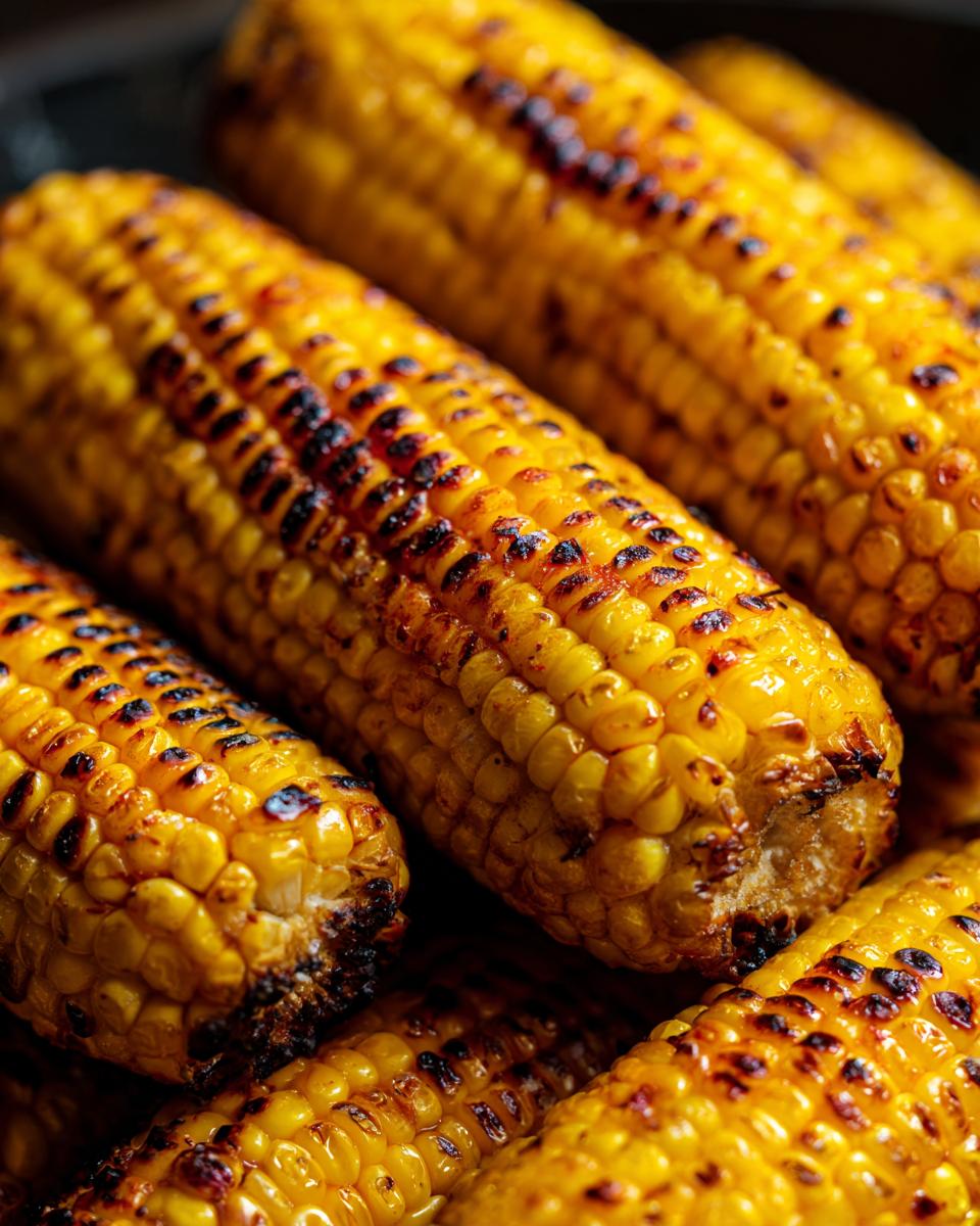 Close-up of several ears of grilled corn on the cob, showing charred kernels and golden yellow color.