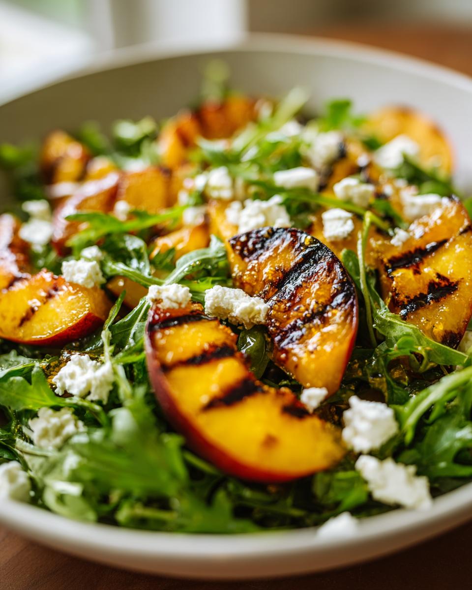 A bowl of grilled peach salad with arugula and crumbled feta cheese, drizzled with honey dressing.