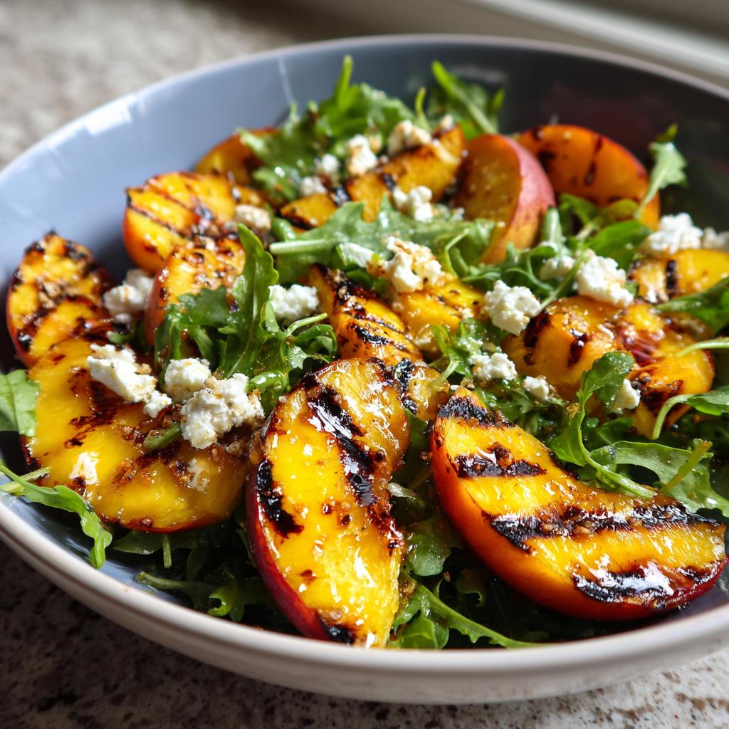 A vibrant bowl of grilled peach salad with arugula, crumbled feta cheese, and a drizzle of honey dressing.