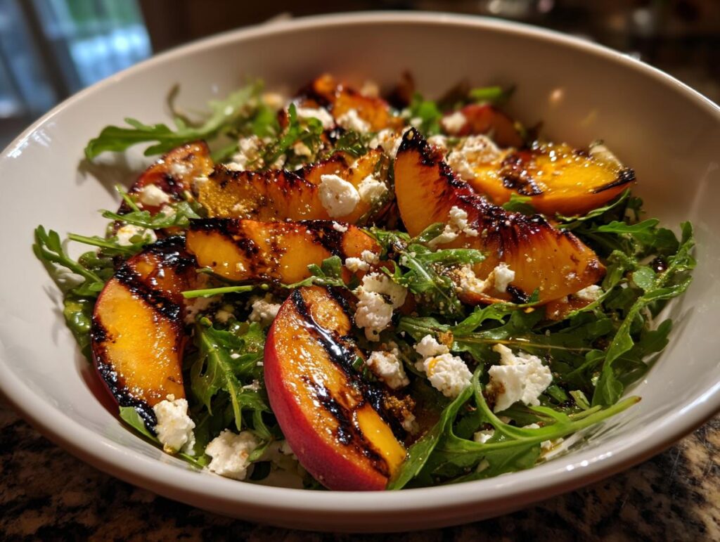 A bowl of grilled peach salad with arugula, feta cheese, and a drizzle of honey dressing.