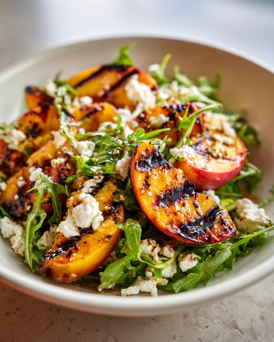 Close-up of a refreshing grilled peach salad with arugula, crumbled feta cheese, and a drizzle of honey dressing.