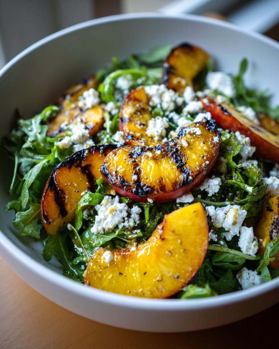 Close-up of a refreshing grilled peach salad with arugula, crumbled feta cheese, and a honey dressing.