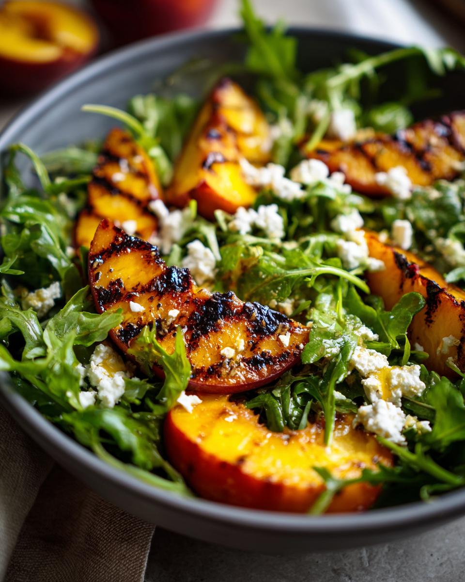 Close-up of a grilled peach salad with arugula, crumbled feta cheese, and a honey dressing.