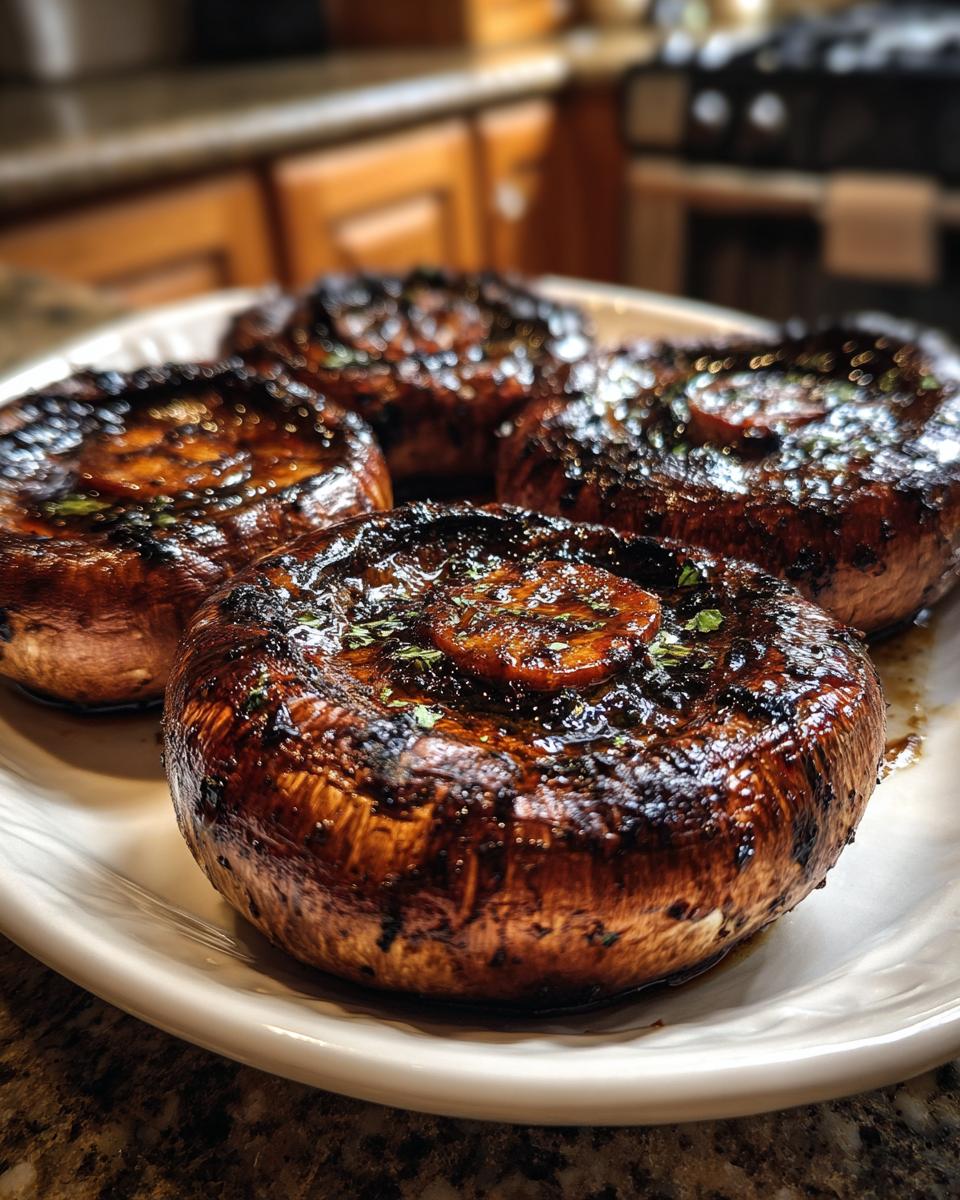 Close-up of four perfectly grilled portobello mushrooms, glazed and seasoned, ready for an easy outdoor meal.