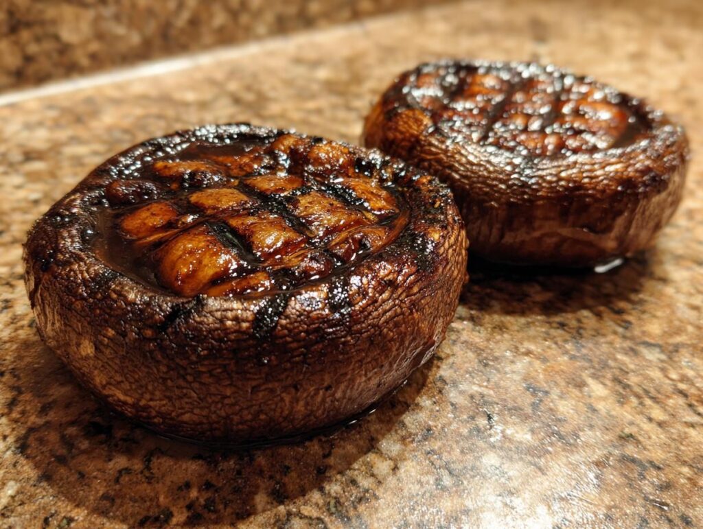 Two juicy, grilled portobello mushrooms with visible grill marks, glistening with marinade.