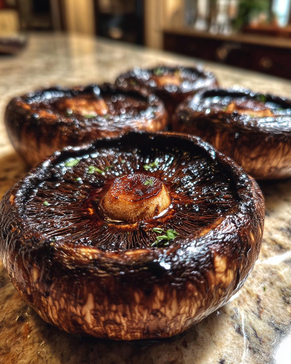 Close-up of perfectly grilled portobello mushrooms, glistening with marinade and sprinkled with herbs, ready for easy outdoor meals.