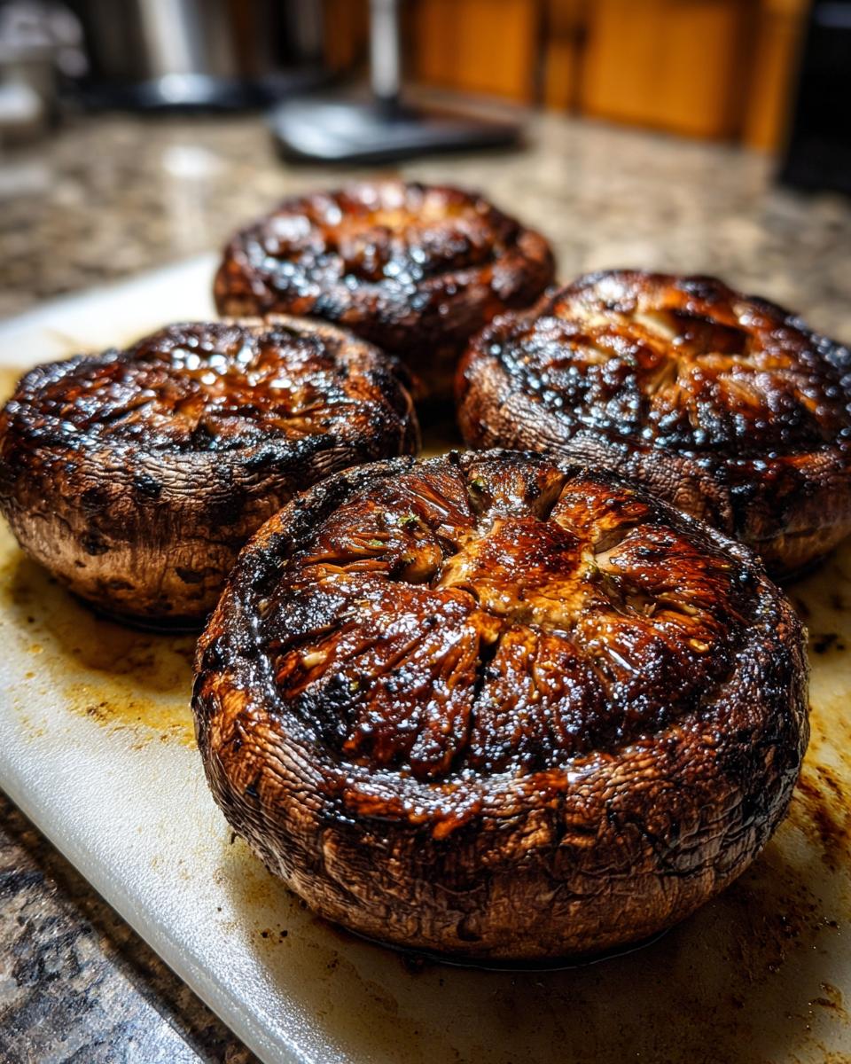 Four juicy grilled portobello mushrooms glistening with marinade, ready for easy outdoor meals.