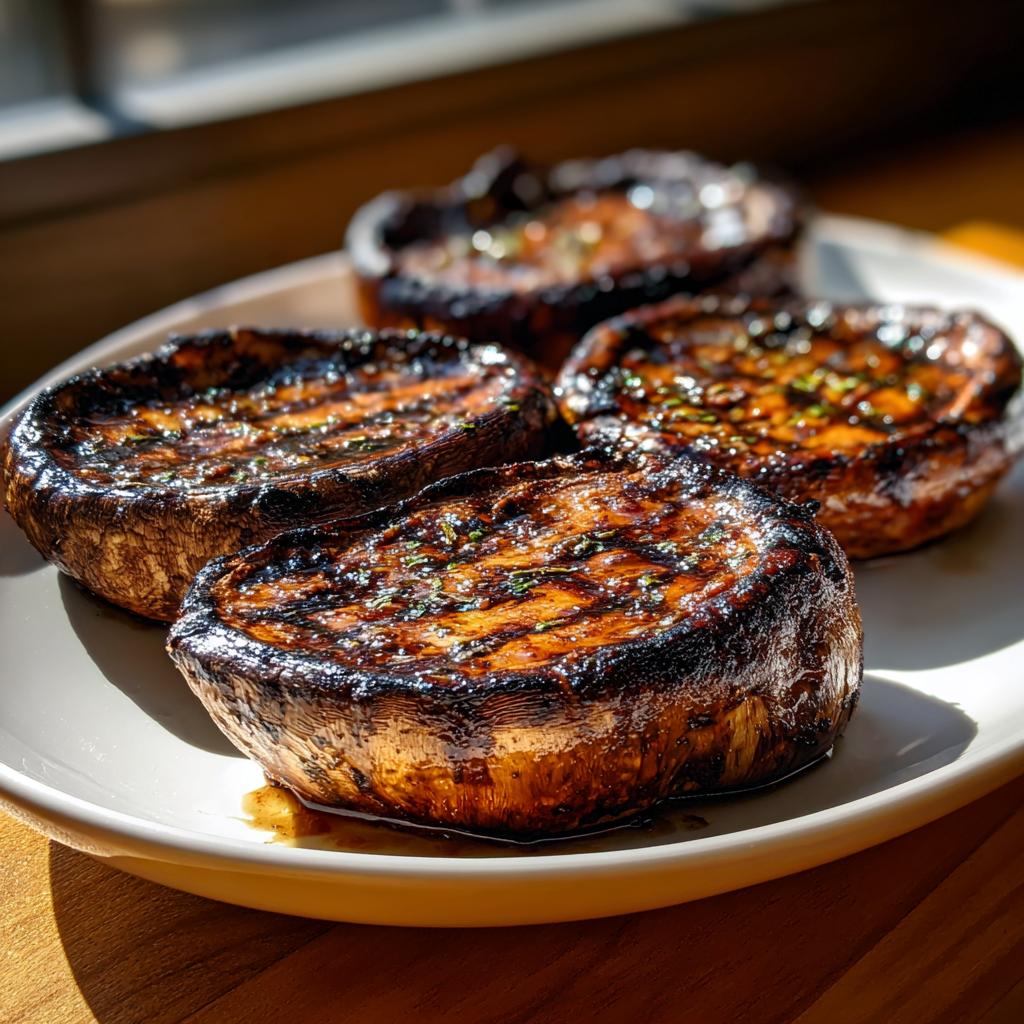 Close-up of four juicy, grilled portobello mushrooms with grill marks, seasoned with herbs, on a white plate.