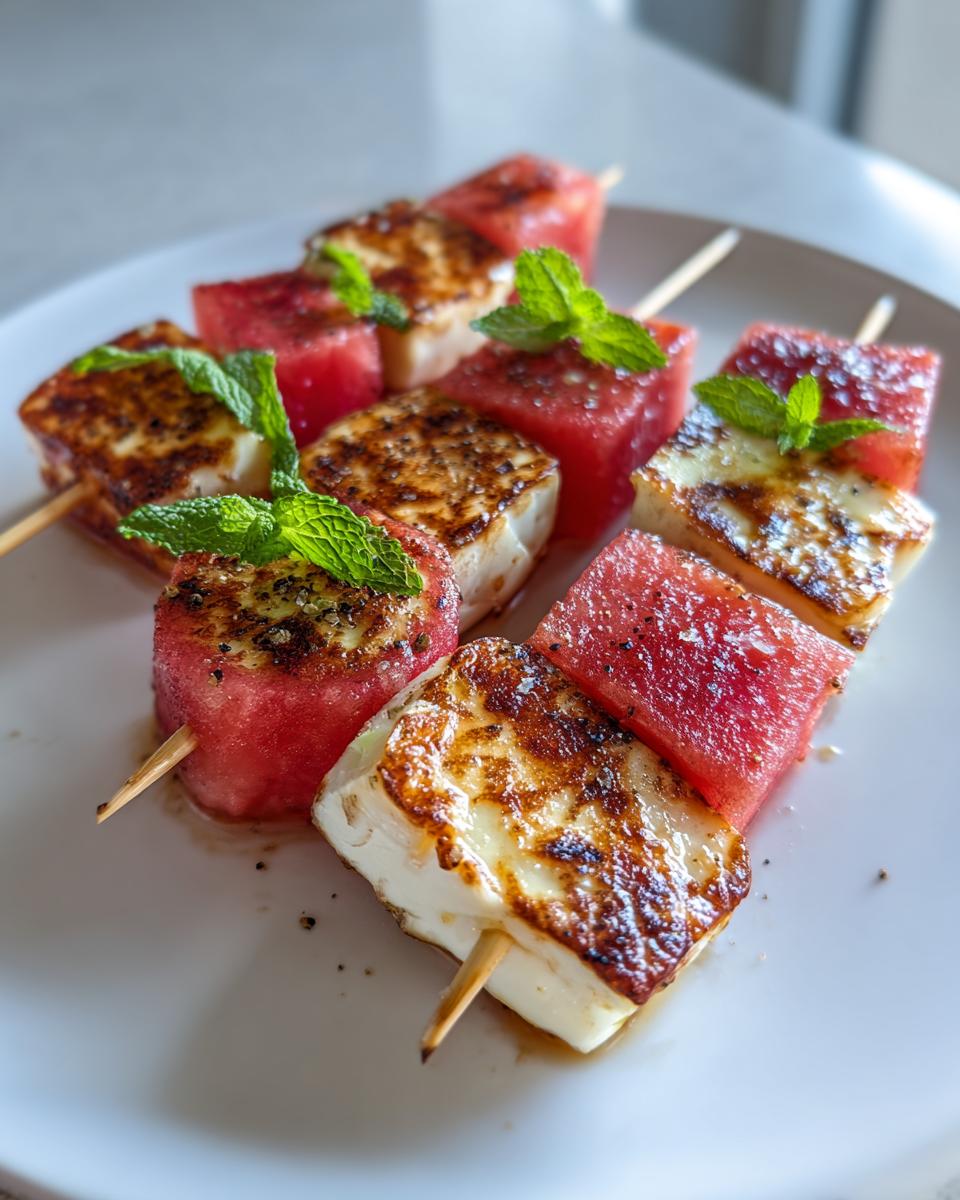 Close-up of grilled watermelon and halloumi cheese skewers, garnished with fresh mint leaves.